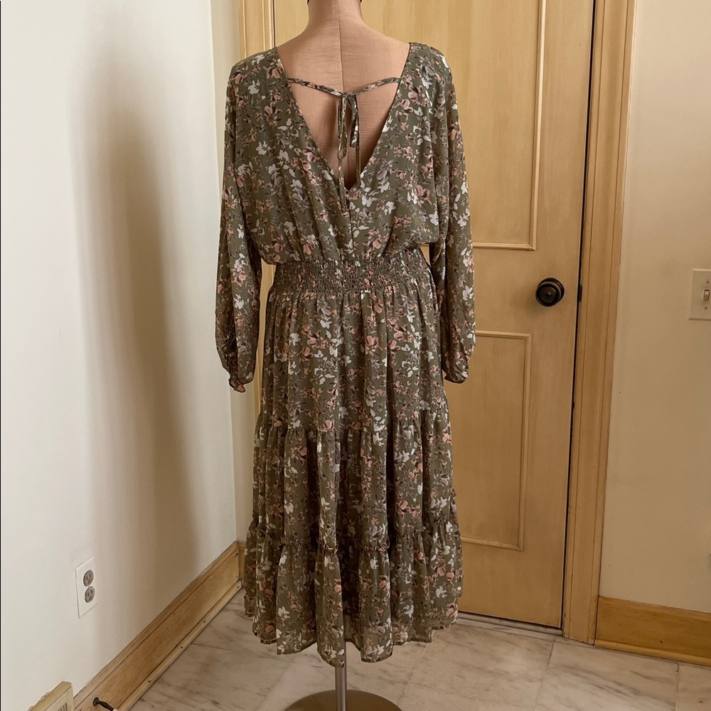 Olive Green Floral Tiered Midi Dress - Picture 4 of 16
